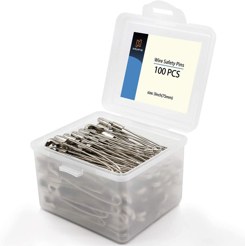 vrupin 100Pcs-3inch Stainless Steel Safety Pins,Safety Pins Bulk Metal Silver Sewing Pins Clothing Clips Tool 75mm Decorative Safety pins - Image 1